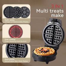 HONGMEI Waffle Maker Donut Maker, 3 In 1 Electric Cartoon Snack Cake Machine,Waffle Sandwich Detachable Dessert Toaster, With 3 Removable Interchangeable Non Stick Plates, Breakfast Afternoon Tea Use