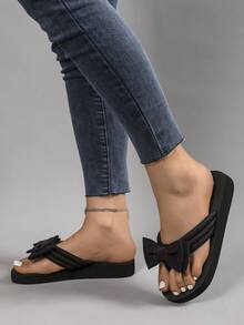 Women's Bow Decor Slippers, Black Flat Sandals For Women, Suitable For Beach Vacation - Black and Red - View 3