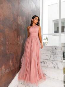 One-Shoulder Layered Bridesmaid Prom Dress - Rusty Rose - View 2