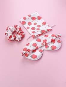 1set Strawberry Printed Hair Scrunchie, Eye Mask, & Storage Bag, Polyester Fabric, Cute Accessory Set For Daily Use - Rose Red - View 2