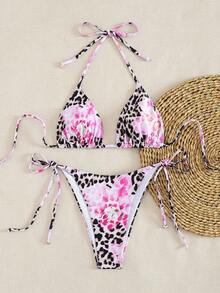 Summer Women's Leopard Floral Print Halter Neck 2pcs Bikini Set - Multicolor - View 5