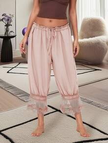 Womens Cropped Pants Loose Mid Rise Patchwork Lace Lantern Trousers Casual Streetwear - 香檳色 - 查看 1