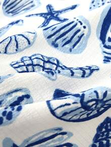 2pcs/Set Women's Blue Shell Print Summer Pajamas, Short Sleeve Button-Up Collared Shirt And Bowknot Shorts, Casual Loungewear For Spring & Summer - Blue - View 8