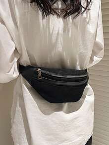 Solid Color Versatile Striped Women Shoulder Chest Bag - Black - View 5