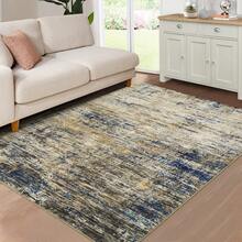 Tappeto moderno antimacchia blu-beige con motivo astratto - lavabile in lavatrice, antiscivolo, tappeto neutro per interni per soggiorno e camera da letto - Cammello blu - Visualizzare 2