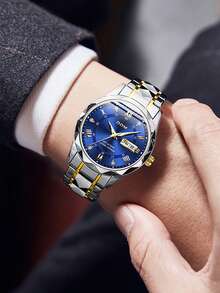 DOM 1pc Men's Business Wrist Watch, Blue Dial, Silver & Gold Steel Strap, With Date Display And Luminous Function, Suitable For Daily Wear, Great Gift For Friends Or Father - Blue - View 4