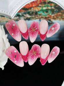 Pure Handmade Nails Jam French Tip 3D Wave Press On Nails 3D Flower Nails Set Gold Chrome 10Pcs Fake Nails For Women Girls Daily Wear