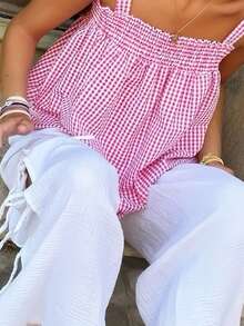 野餐纯色格子短款背心，适合夏季外出 - 粉色 - 查看 6