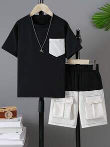 2pcs/Set Tween Boy Casual Contrast Color Pocket Short Sleeve T-Shirt & Cargo Shorts Outfit, Spring/Summer - Black and White - View 1