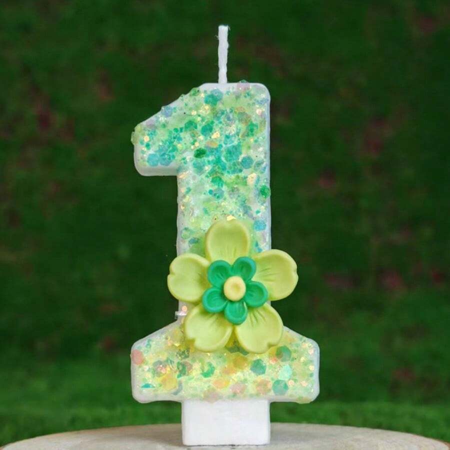 绿色花卉星光闪亮数字蜡烛，生日派对房间装饰，生日礼物，周年庆典手工制作，婚礼