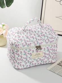1 PC Pink And Purple Small Floral Quilted Bag Make Up Bag,Fashionable And Casual Large Capacity Portable Zipper Makeup Bags,Travel And Vacation Essentials Cosmetic Bags For Sanitary Napkins,Pouch Pads,Wired Earphones,Headphones,Charger,Lipsticks,Cosmetics,Perfume,Skin Care And Beauty Products,Home Decor,For Mom,Women,Nurses,Students,School Girls,Keys,Holiday Gifts