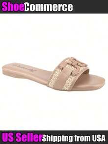 Women's Woven Raffia Strap Slide Sandals Open Toe Slip-On Flat Sandals Buckle Detail Slides Mules Slippers Spring Summer Casual Vacation Beach Shoes - Màu be - Xem 1