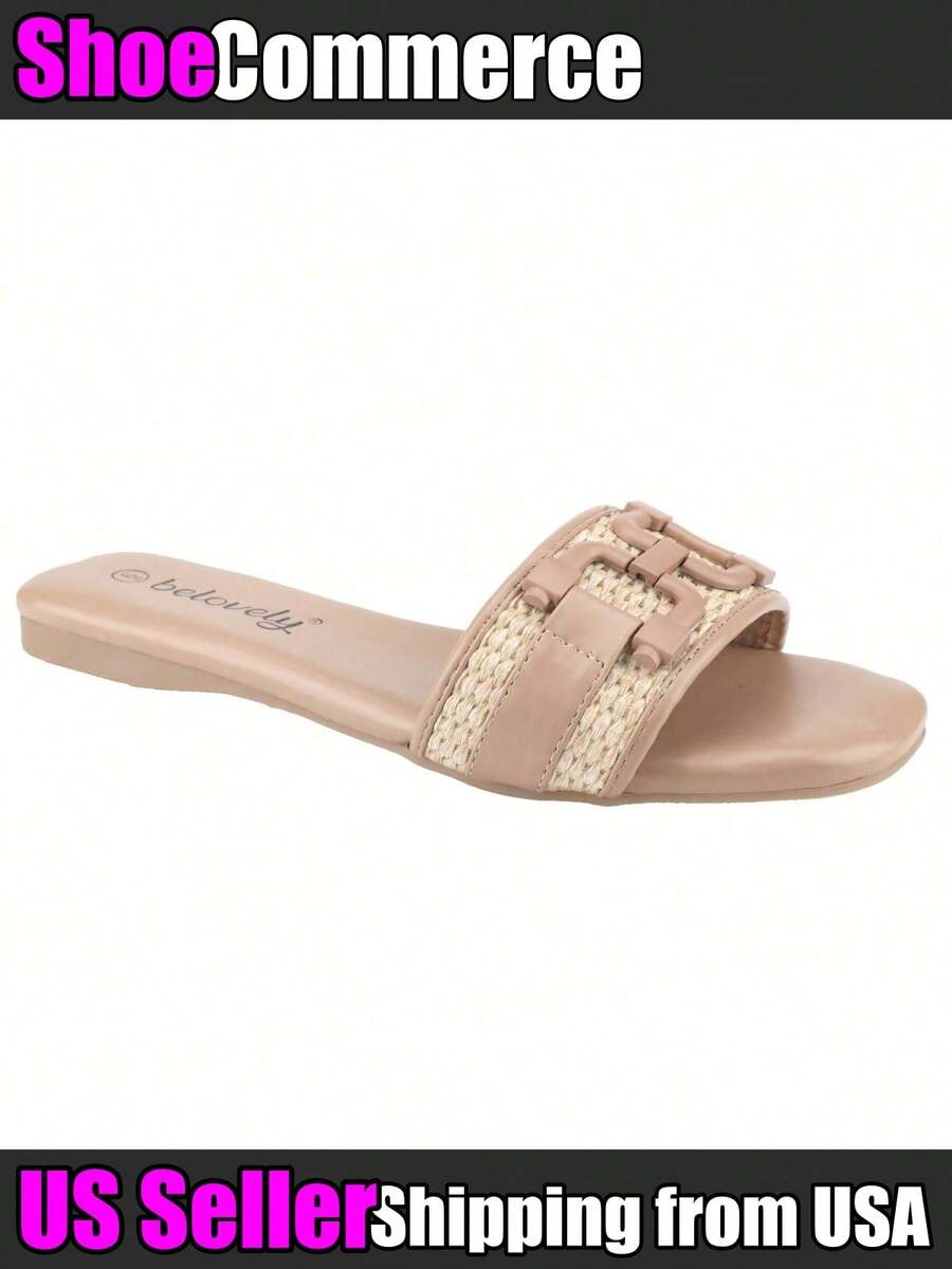 Women's Woven Raffia Strap Slide Sandals Open Toe Slip-On Flat Sandals Buckle Detail Slides Mules Slippers Spring Summer Casual Vacation Beach Shoes - Màu be - Xem 1
