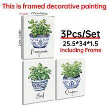 三件套水彩植物印花画，蓝白陶瓷花瓶 - 罗勒、牛至、马郁兰主题 | 餐厅和厨房的完美墙面装饰 | 无框帆布艺术画 | 理想的礼物和节日装饰品，适合生日、毕业典礼、厨房装饰 - 3pcs - 查看 15