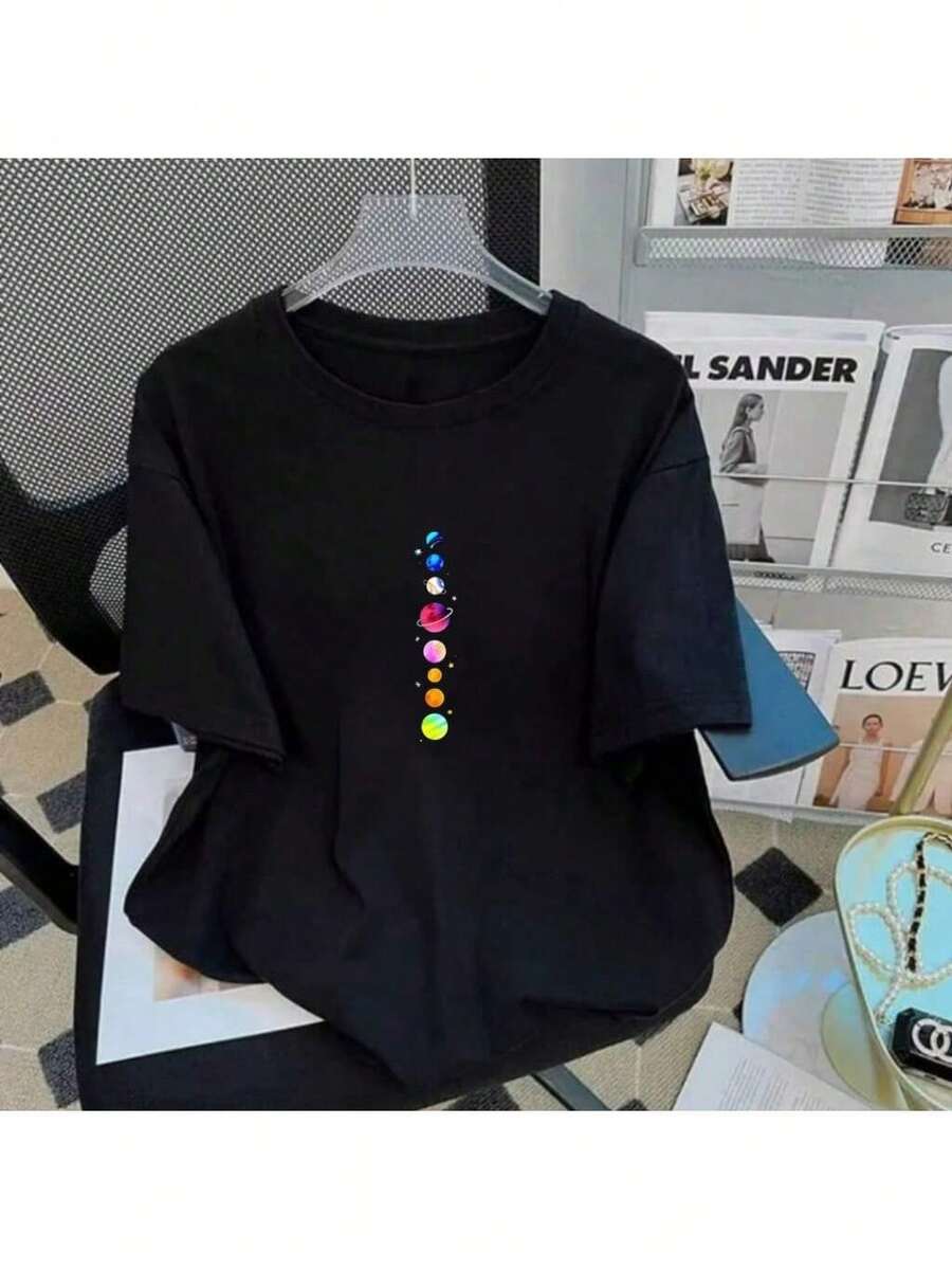 Camiseta Planetas Constelação Algodão Unissex Promoção - Preto - Visão 1