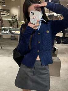 女式图案刺绣纽扣前开衫 - 藍色 - 查看 3
