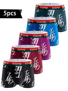 5pcs/Pack Men's Basic Graffiti Printed Seamless Boxer Briefs, Gift Set, Suitable For Summer - Multicolor - View 1