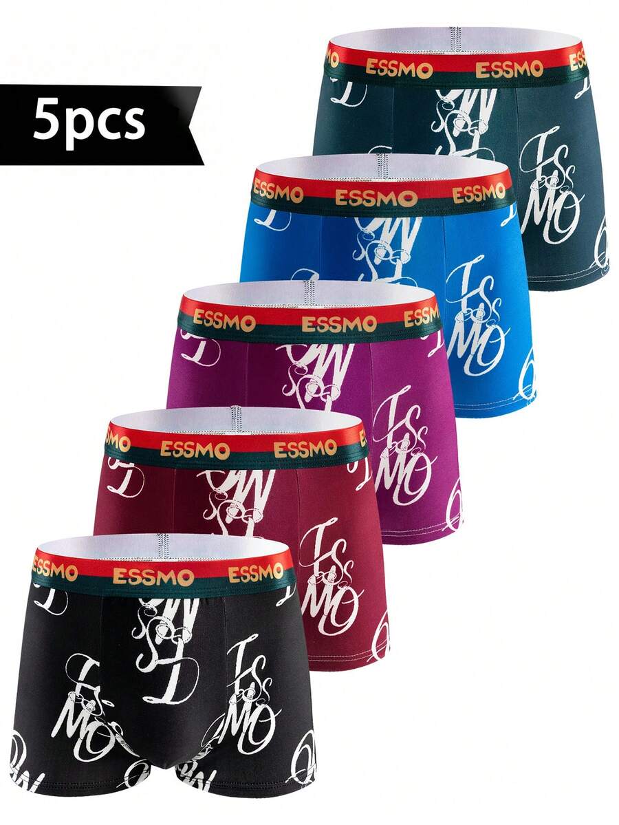 5pcs/Pack Men's Basic Graffiti Printed Seamless Boxer Briefs, Gift Set, Suitable For Summer - Multicolor - View 1