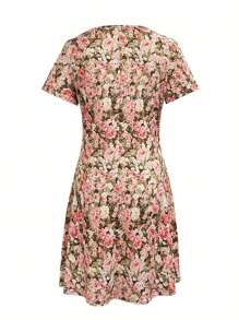 Women's Floral Print V-Neck Short Sleeve Casual Vacation Dress
