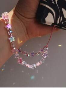 1pc Glass Phone Strap With Pink Star, Summer Bling Bling Phone Shell Lanyard For Digital Camera Gifts For Mother, Family, Friends, Birthday, Holiday Phone Charm, Phone Chain - Multicolor - View 3