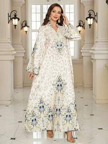 女士优雅长款阿巴亚连衣裙，珍珠缀饰花卉印花，常规剪裁，长袖，四季皆宜的编织纹理杰拉比亚，185g/M² - 奢华中东时尚 - 杏色 - 查看 1