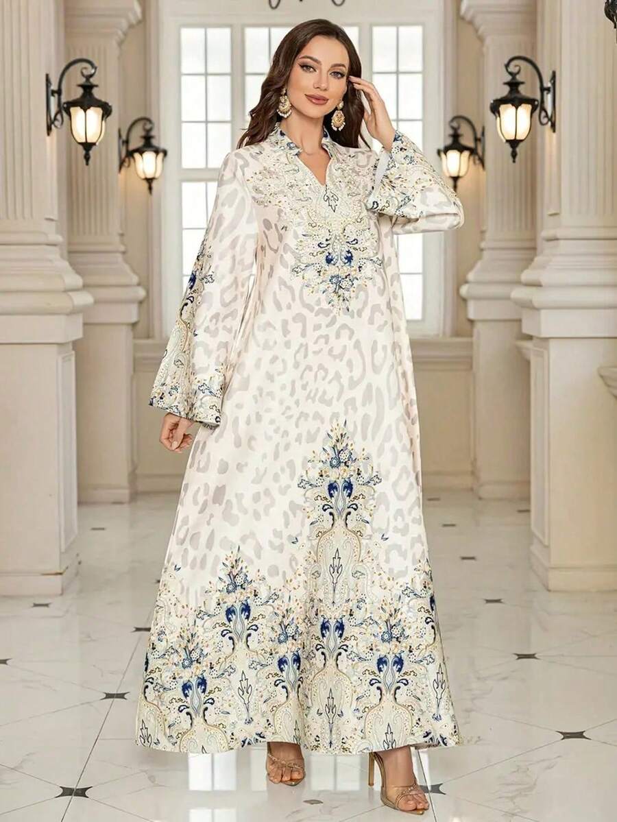 女士优雅长款阿巴亚连衣裙，珍珠缀饰花卉印花，常规剪裁，长袖，四季皆宜的编织纹理杰拉比亚，185g/M² - 奢华中东时尚 - 杏色 - 查看 1