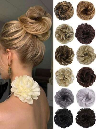 4 Icnh 凌乱发髻发片卷发大发髻发圈浅棕色混合自然金色合成凌乱发髻发片适合女性女孩