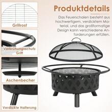 Feuerschale, Ø 76cm Feuerkorb mit Funkenschutz und Schürhaken, Feuerschalen für den Garten Groß, Feuerstelle mit Grill, BBQ Feuerstelle Outdoor, Retro-Look Fire Pit, Multifunktional Feuerkorb