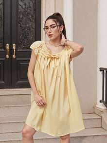 Ruffle Neck Bowknot Doll A Hem Dress - Yellow - View 3