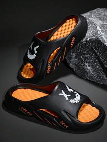 Men's Fashion Ombre Print Casual Streetwear Outdoor Sports Slippers, Indoor Home Shower Non-Slip Thick Massaging Sole Comfortable Sandals, Unisex Couple Slippers, Plus Size - Black Orange - View 2