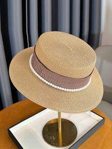 1pc Women Straw Hat, Casual Bohemian Street Elegant French Flat Top Hat, Suitable For Summer Elegant Pearl Straw Beach Sun Hat, Ideal For Gatherings, Outings, Outdoor Use - Multicolor - View 10