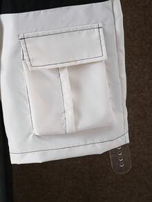 2pcs/Set Tween Boy Casual Contrast Color Pocket Short Sleeve T-Shirt & Cargo Shorts Outfit, Spring/Summer - Black and White - View 7