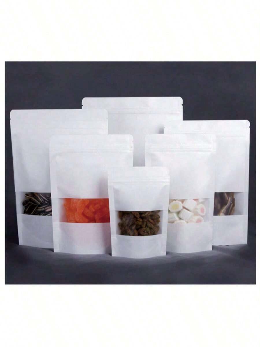 100 个带半透明窗口的白色牛皮纸袋，热封可重复使用的自封袋，适用于烘焙干粮坚果谷物茶节日礼品包装，250g 500g 1000g 储物袋，适用于派对零食