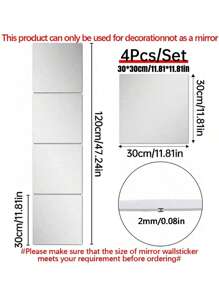 4pcs Classic Style Frameless Wall Mirror Tiles, Full Body Mirror Stick On Dormitory Wardrobe Mirrors, DIY Assembly For Home Gym, Bedroom Wall Installation