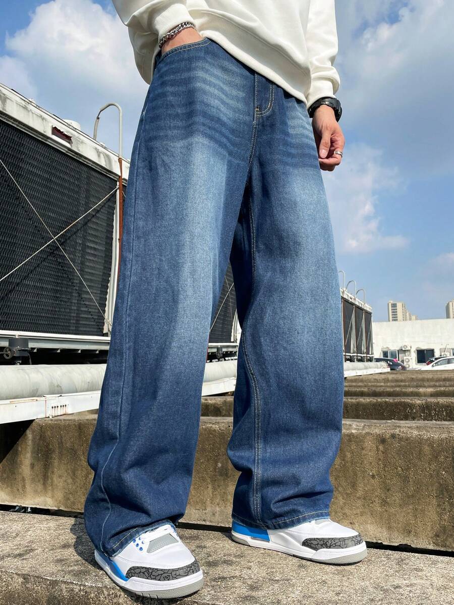 Hearty Haven 1pc Vintage Washed Retro High Street Straight Leg Loose Casual Baggy Wide Leg Dragging Jeans For Men, With Distressed Hem