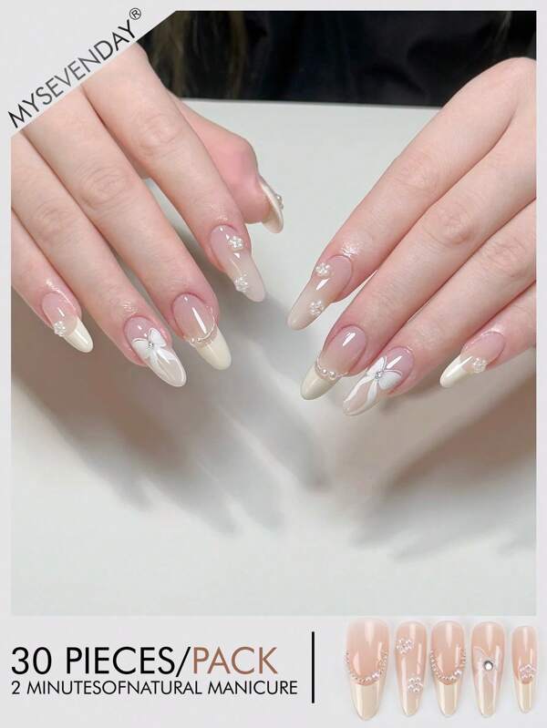 30 Pieces Of Medium Almond Shaped Pressed Fake Nail Patches, Pearl Bow Sweet And Cool Japanese And Korean Style Women's Nail Patches, New And Fashionable Fingertips, Matched With 1 Piece Of Jelly Glue And 1 Piece Of Rubbing Strip, Suitable For Women's Parties, Dances, Daily Casual Wear, Detachable And Reusable