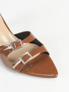 女士水钻扣棕色尖头一脚蹬凉鞋，时尚新款高跟鞋优雅性感派对装 - 棕色 - 查看 6