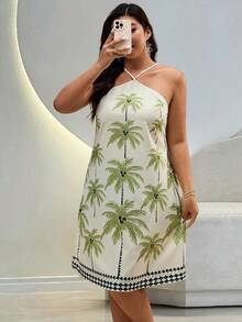 Plus Size Women's Floral Print Halter Neck Sleeveless Dress, Random Print - Multicolor - View 6