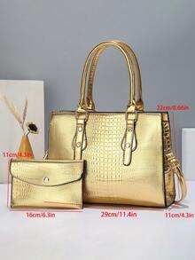 Set de bolso de lujo de mujer con acabado brillante dorado, bolso de hombro de gran capacidad con estampado de cocodrilo, bolso de mano con decoración de remaches, adecuado para uso diario y de fiesta, idea de regalo perfecta para el Día de la Madre, esencial para madres y mamás trabajadoras, bolso de moda para damas de negocios y casual, apto para la oficina y el trabajo