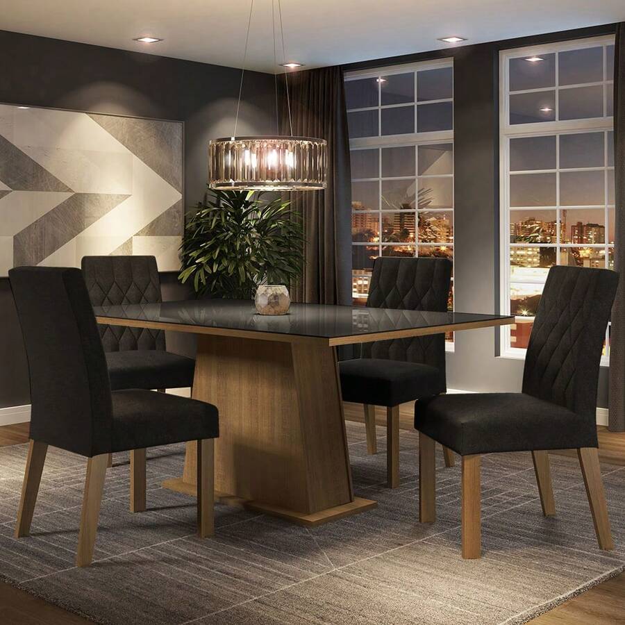 Juego de comedor mesa de vidrio y 4 sillas Madesa Oxford color marrón y negro diseño de tela lisa moderno y elegante para dining familiar - Marrón y negro - Ver 1