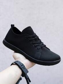 男女通用宽头纯黑色休闲运动鞋，户外运动宽版透气防滑钓鱼轻便赤足登山鞋，时尚平底鞋，软底滑板鞋，休闲户外鞋，学院风运动鞋，大码低帮鞋，圆头低帮系带平底登山鞋 - 黑色 - 查看 2