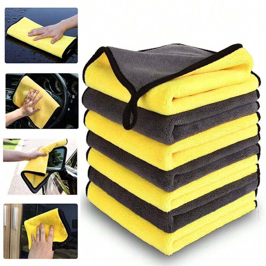 6Pcs Super Absorbent Car Wash Microfiber Towel Cloth Car Cleaning Towels Drying 30*40cm - Grey & Yellow - View 1