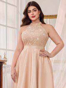 加露背亮片蕾丝拼接撞色缎面高低 A 字下摆晚会礼服、毕业礼服、优雅舞会半正式婚礼宾客礼服，适合生日、返校节 - 香檳色 - 查看 10