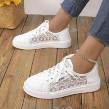 女士时尚休闲鞋,镂空透气轻便系带舒适运动鞋,MD防滑软底轻便运动跑步鞋,时尚优雅蕾丝拼接白色鞋,平底日常休闲步行鞋,健身训练鞋 - 白色 - 查看 4
