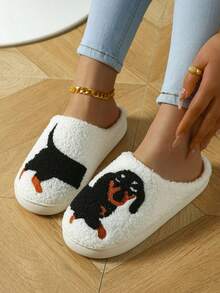 Cute Cartoon Dachshund Print Slippers, Soft Sole Platform Plush Lined Home Shoes, Non-Slip Comfort Floor Warm Shoes - White - View 5