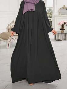 1 chiếc váy Abaya đơn giản, thiết kế xếp ly phía trước và tay áo, thời trang, áo choàng thường ngày đa năng, phù hợp cho mọi dịp, cầu nguyện - màu đen - Xem 1