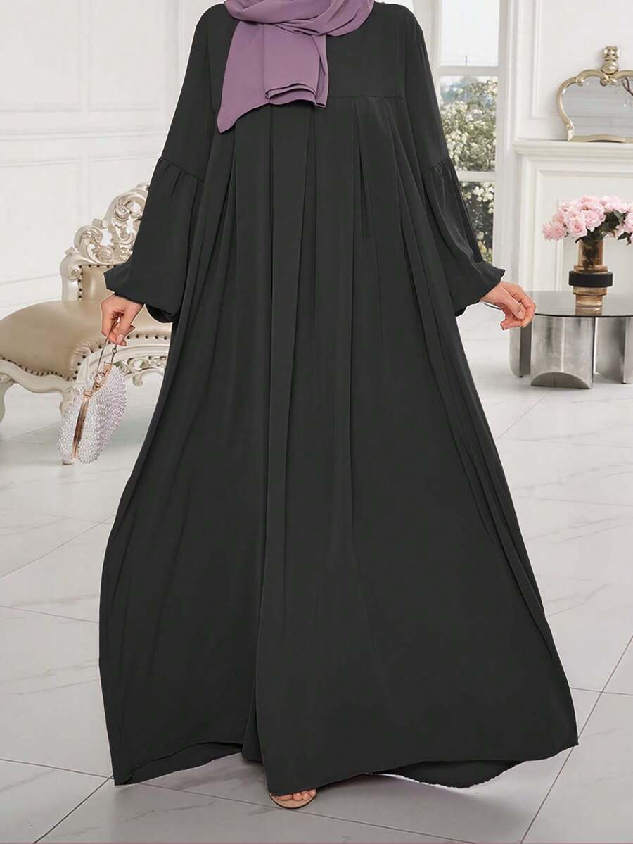 1 chiếc váy Abaya đơn giản, thiết kế xếp ly phía trước và tay áo, thời trang, áo choàng thường ngày đa năng, phù hợp cho mọi dịp, cầu nguyện - màu đen - Xem 1
