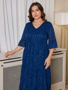 DEARCASE 大码女式深V领荷叶袖多层下摆长裙夏季度假优雅 - 海軍藍 - 查看 5