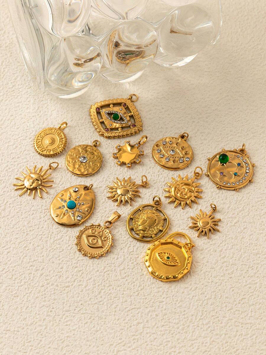 1pc Vintage Bohemian Style Eye-Shaped 18K Gold Plated Stainless Steel Pendant, Suitable For Daily Wear, Can Be A Gift For Wife And Mother - Multicolor - View 1