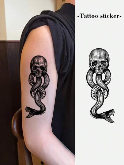 1pc Waterproof Temporary Tattoo, Skull & Snake Design, Dark Style, Personalized, Anti-Sweat, Non-Reflective